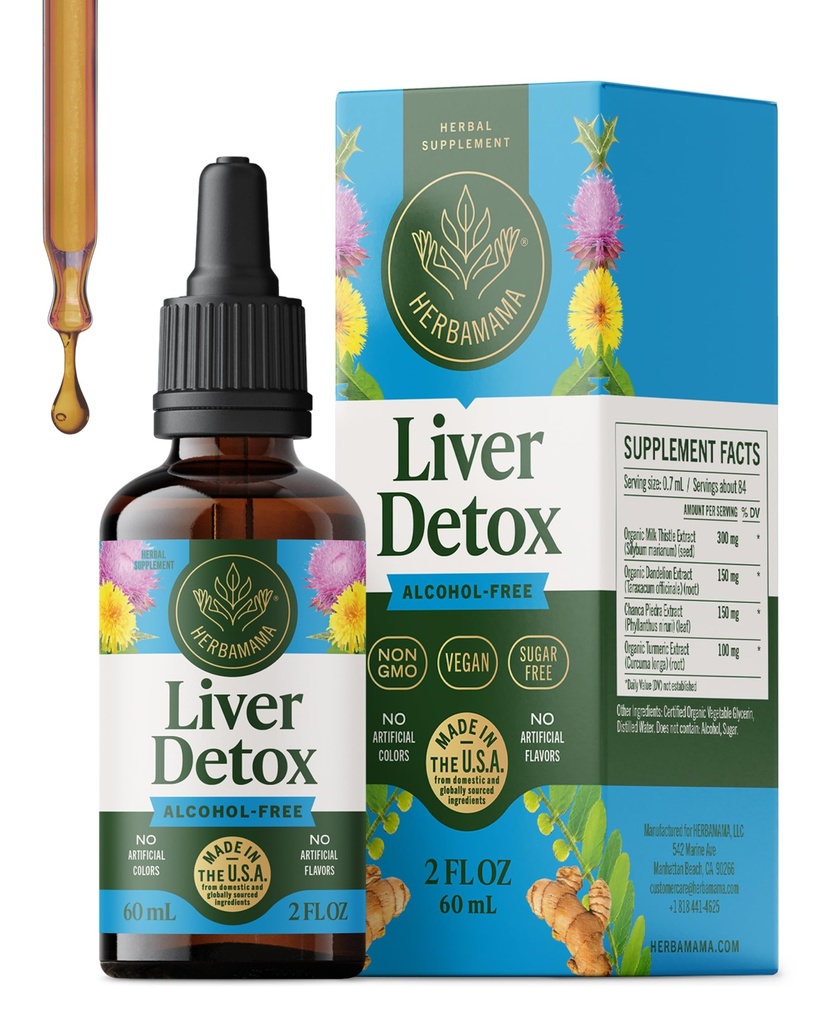 HERBAMAMA Liver Cleanse Detox & Naprawa - Suplement do wsparcia wątroby - płynne krople z mlekiem Thistle, Dandelion Root & Chanca Piedra - Alkohol & Suplement do czyszczenia bez cukru, 42- Day Supply