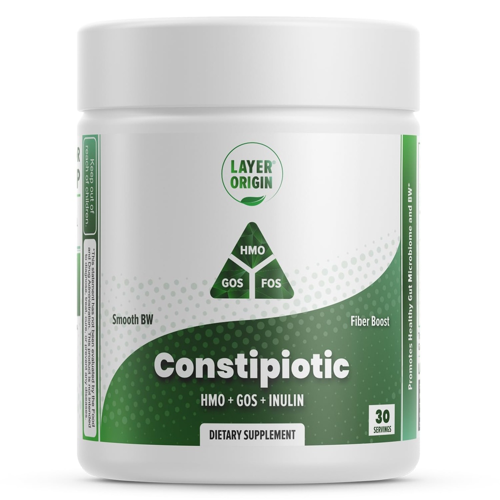 Layer Origin Constipiotic Prebiotic Fiber to Ease Bowel Movel and Support Regularity - 4.4 g Per Serving - HMO 2 'FL, GOS, Inulin FOS - 30- Day Supply - Unflavored, No Taste, Rozpuścić łatwo