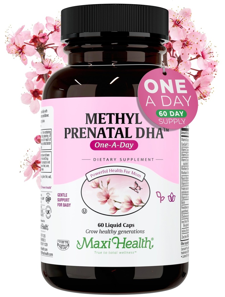 Maxi Health - Metyl Prenatal DHA Prenatal Vitamin Women - Doctor Padated, Kosher, gluten Free Prenatal Multivitamine z 25 Składnikami odżywczymi w tym DHA, Kwas foliowy i więcej, 60 Czapki płynne