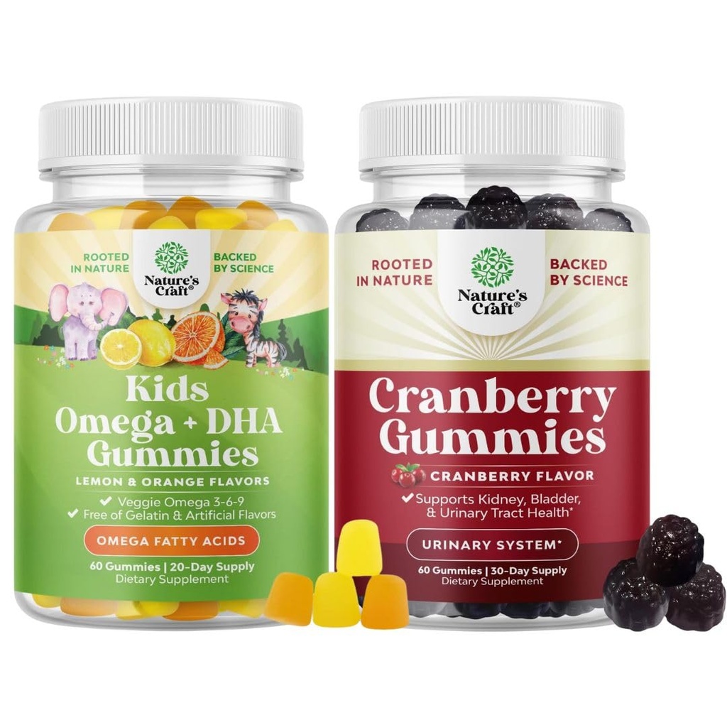 Bundle of Plant Based Omega 3 Gummies for Kids and Natural Cranberry Gummies for Women and Men - for Vision Immunity and Focus Support - for Urinary Tract Health Kidney Support Bladder and Immunity
