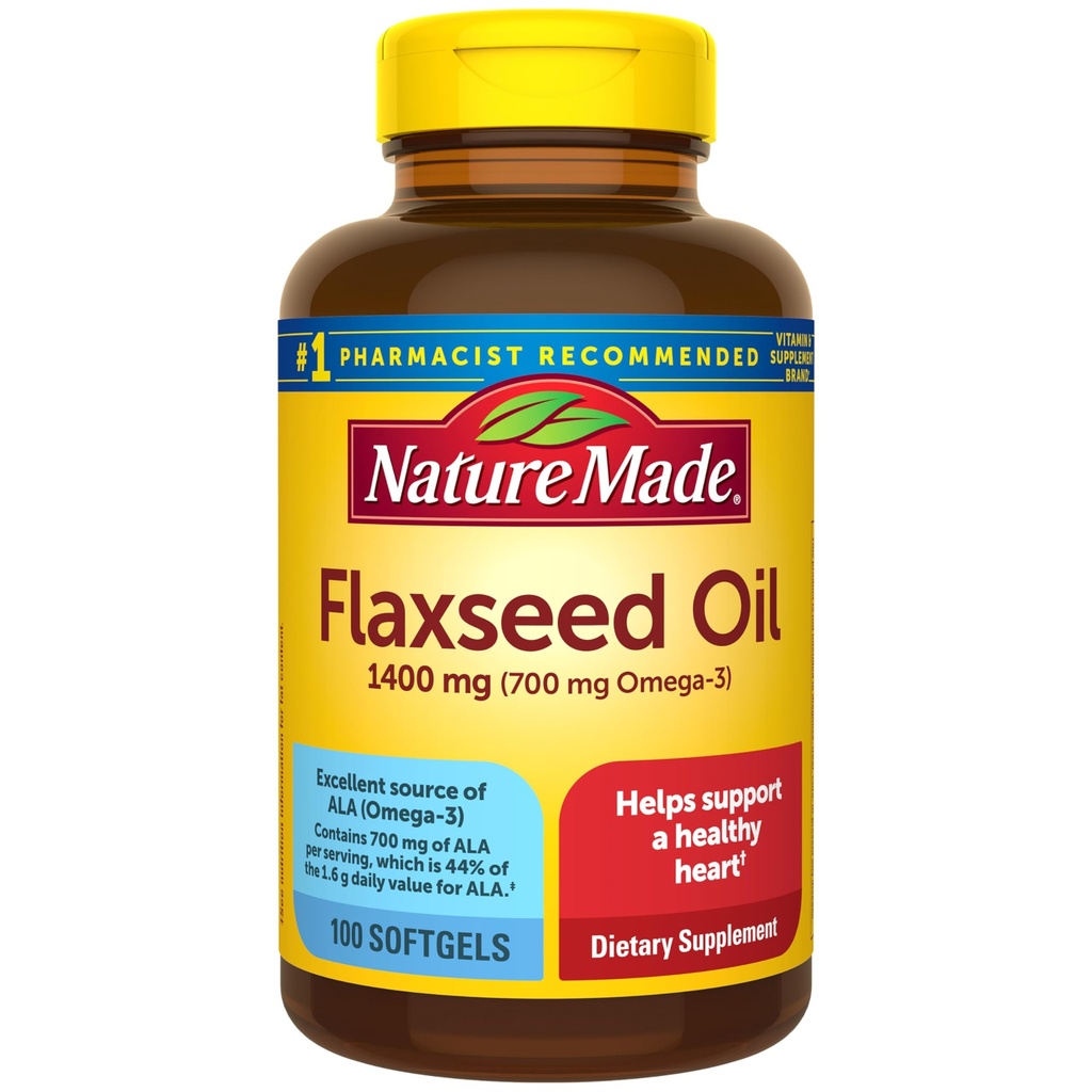 Nature Made Extra Siła Olej lniany 1400 mg, Ryby Wolny Suplement Omega 3, Suplement diety dla wsparcia zdrowia serca, 100 Softgels, 100 Day Supply