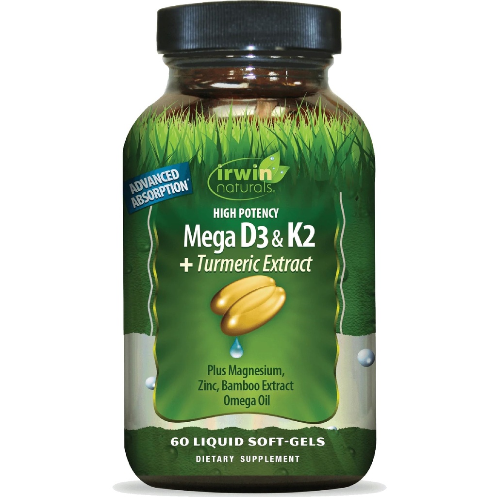 Irwin Naturals High Potency Mega D3 & K2 + Ekstrakt Turmeric - 60 Softgels Płynne - Zdrowe kości i funkcje immunologiczne