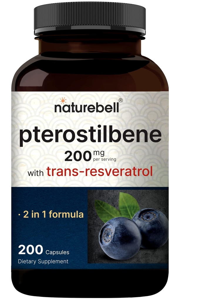 Pterostilbene z 98% Trans- Resveratrol, 200mg Per Serving, 200 Kapsułki 124; Natural Sourced from Wild Blueberries - Suplement przeciwutleniający dla Zdrowego Wsparcia starzenia - Non-GMO
