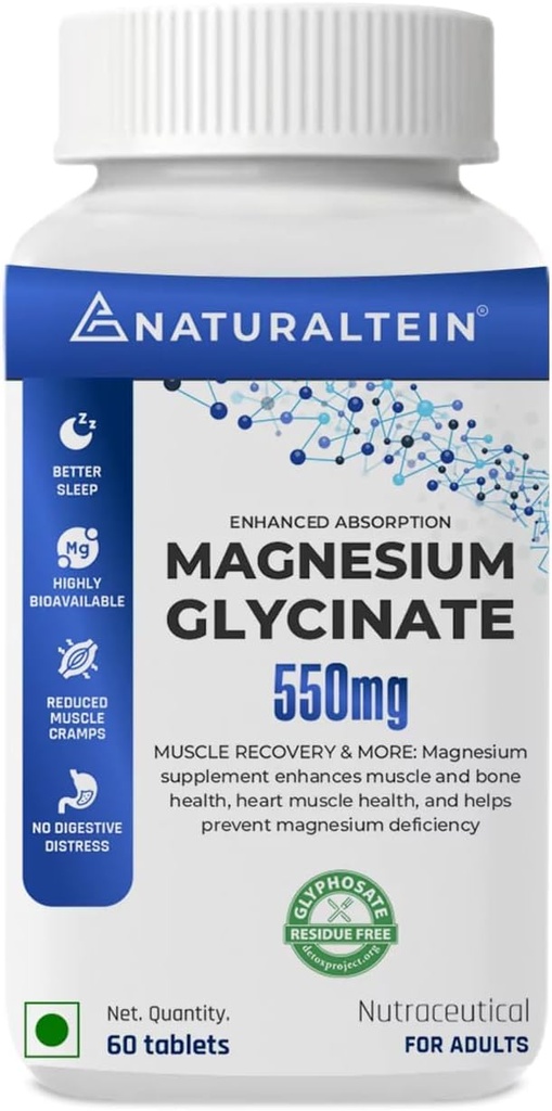 Magnesium Glycinate Supplement - 60 Tablets x 121 mg Elemental Magnesium, 555 mg Once Daily Women Pure Chelated Bisglycinate for Good Health and Sleep - Tested and Trusted for Heavy Metals