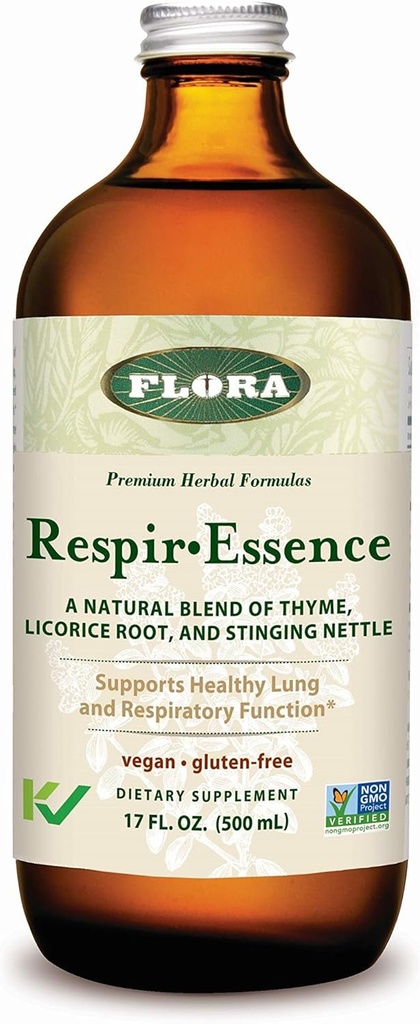 Flora - Respir- Essence - Supports Lung & Rescue Health - Zawiera Thyme, Licorice Root, Elecampane & More - Non-GMO, Vegan, Gluten- Free & Kosher - 17 fl. oz. Butelka szklana