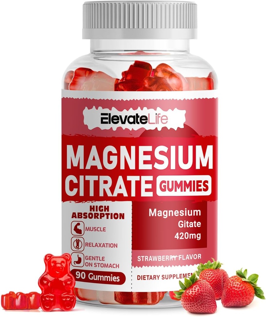 Magnezu Gummies Citrate 420mg na serwowanie - 90 Gummies Wegan - Promotes Healthy Relaxation, Mięśnie, Kości, & Wsparcie energetyczne (90 Gummies truskawkowe)