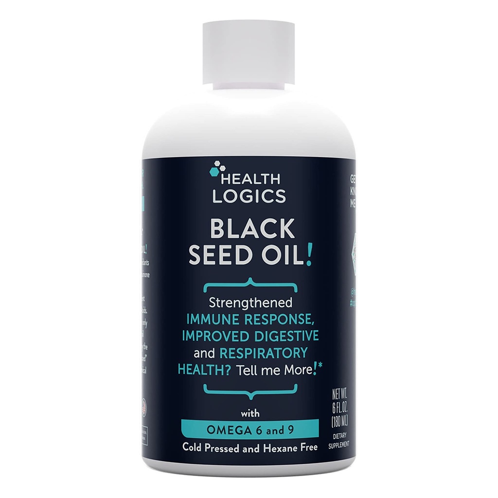 Health Logics Black Seed Oil Bilans 124; Bogate Źródło Omega 6 & Omega 9 Bilans 124; Czysty Cold Pressed Black Cmin Seed Oil for Research, Digestive, and Immune Health Bilans 124; 6 fl oz