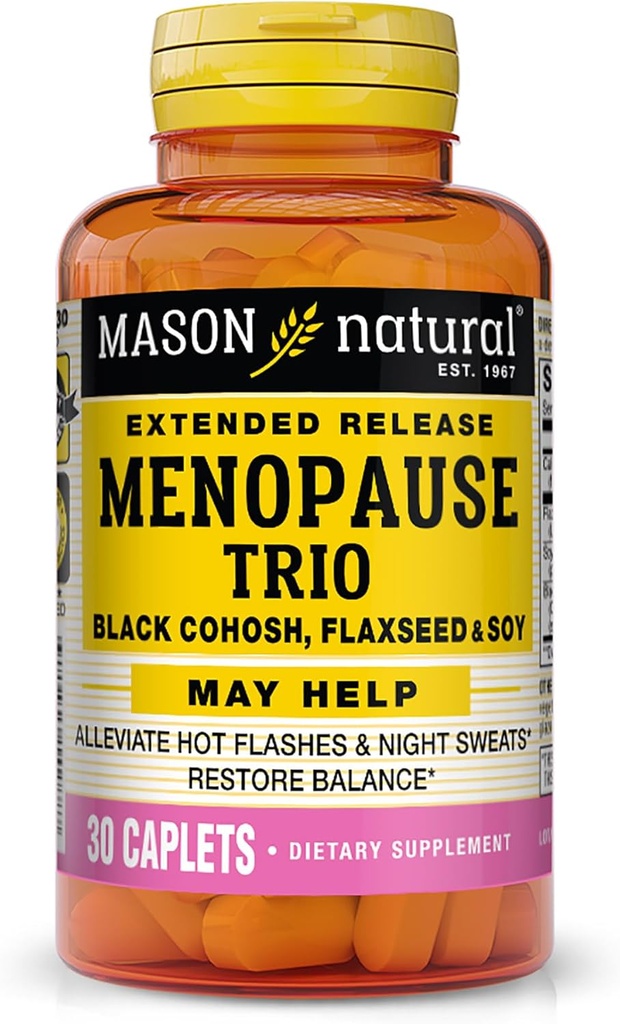 Mason Natural Menopauza Trio: Black Cohosh, Aflaxseed, & Soy (Extended Release) - May Ultimate Hot Flashs & Night Sweats *, Wspiera zdrowe równowagi hormonu *, 30 Kaplety