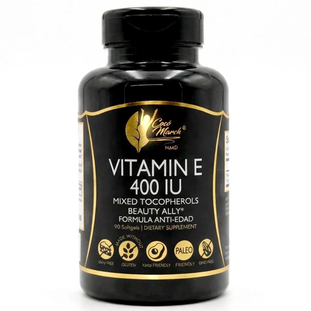 Cocó March N.M.D Natural Witamina E 400 IU- Mieszane Tokoferole, Piękno Ally, 3 Miesiące dostaw - Gluten Free, Paleo Friendly, Dairy Free, Keto Friendly, GMO Free, 100 Softgels