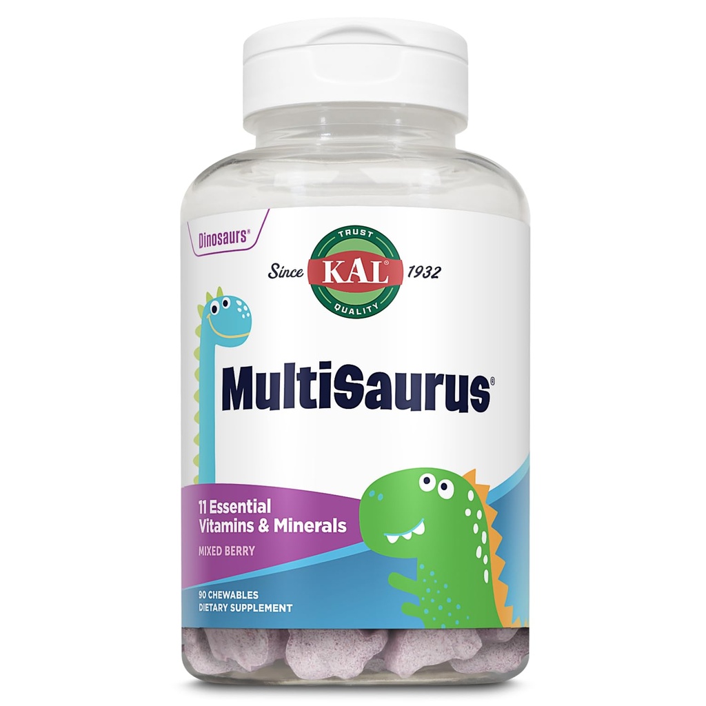 KAL MultiSaurus Kids Chewable Multivitamin, 11 Witaminy zasadnicze i minerały dla dzieci, Mieszany Flavor Berry, Gluten i Preservative Free, 90 Słupki, 90 Dinosaur- Kształtowane Chewables