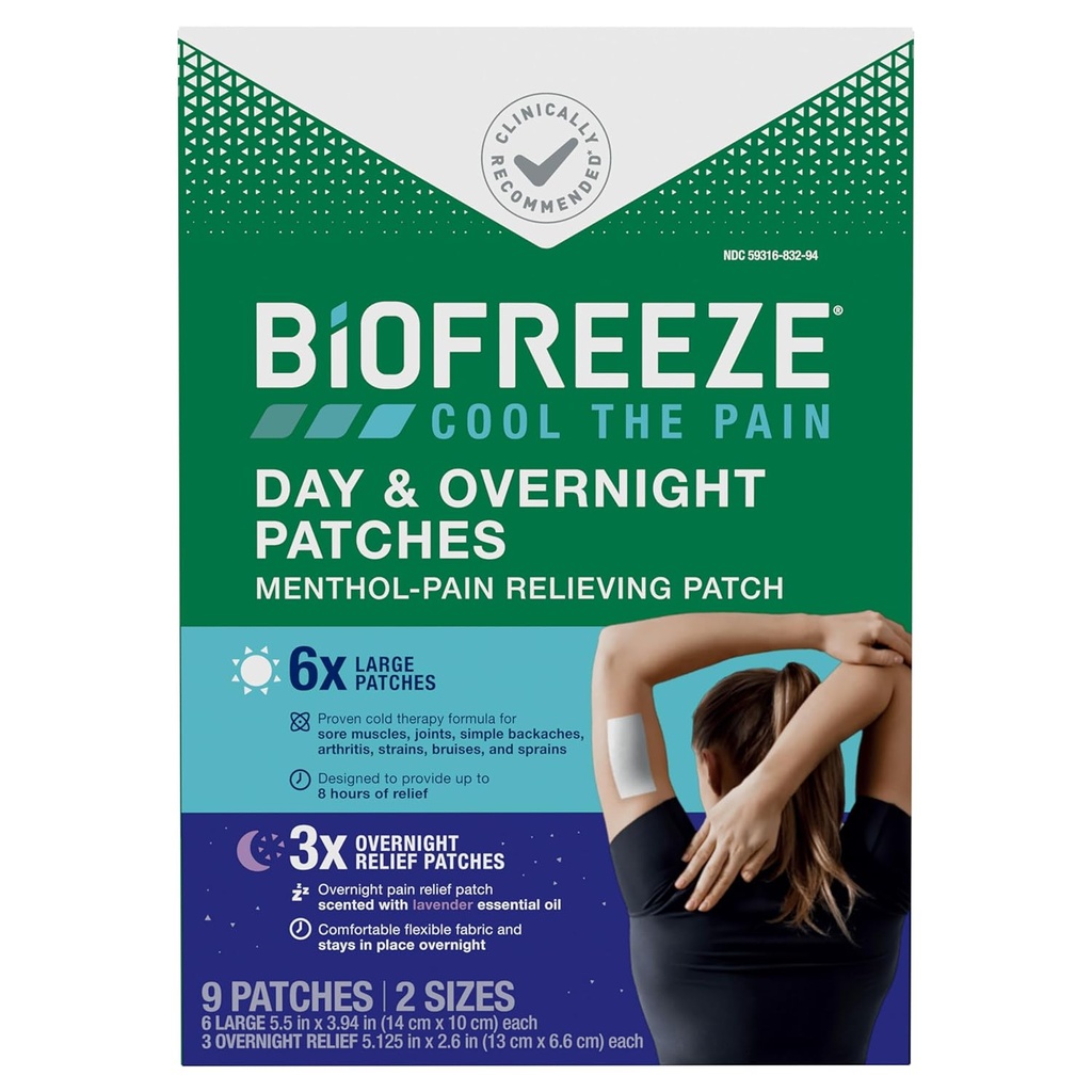 Biofreeze Day & Overnight Pain Relief Patches, Menthol Pain Patches for Artitis & Muscle Pain Relief, Comfortable & Flexible Fabric Stays in Place, FSA / HSA Kwalifikujące się, 9 Patches (6 Day, 3 Night)