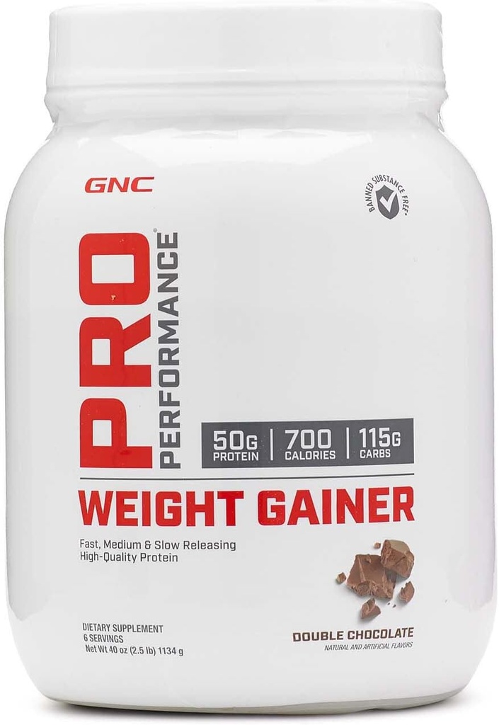 GNC Pro Performance Weight Gainer Protein Powder, 50g Protein, High Calorie, 700 Kalorii, Wspiera odzysk masy i mięśni, MCT, BCAA, Trzecia Tested Party, Double Chocolate, 6 Służenia, 2,5 kg