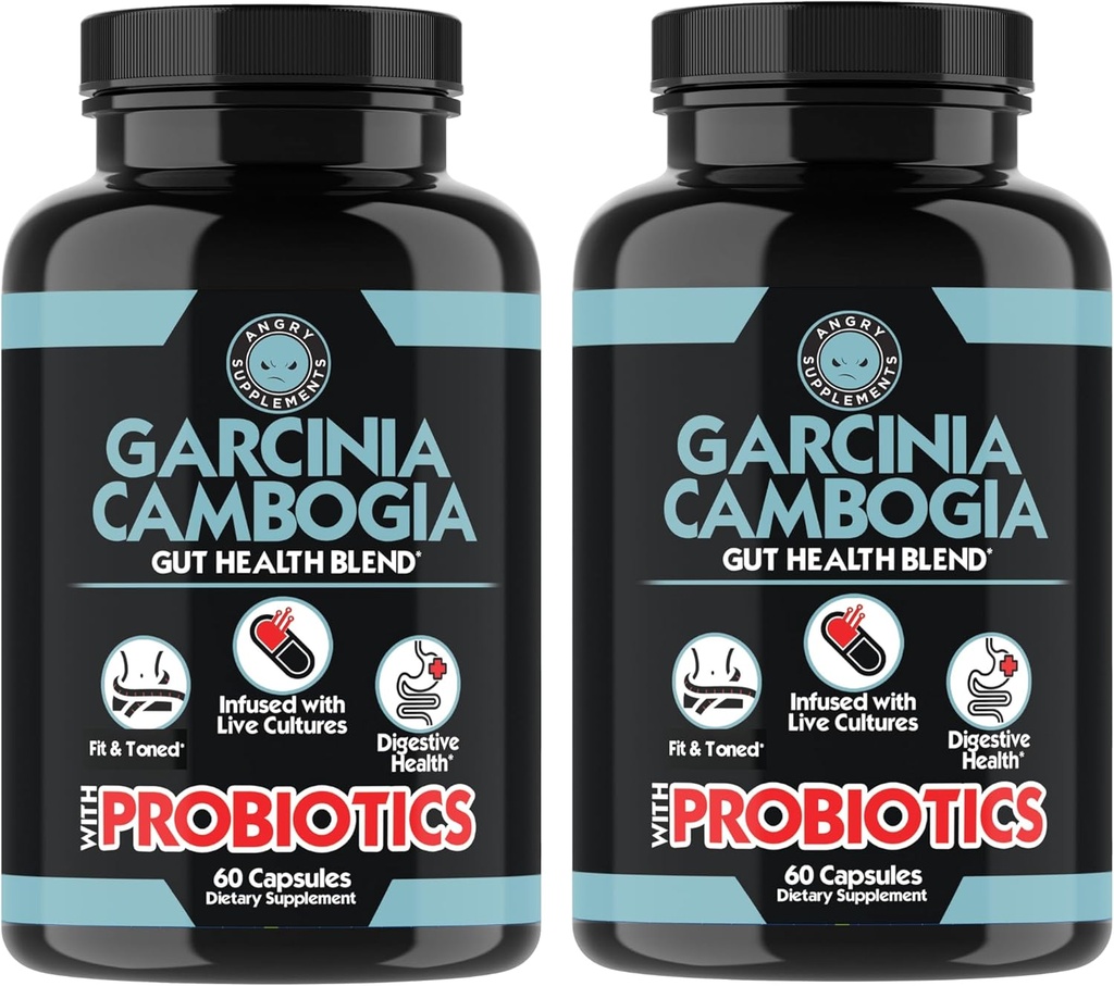 Angry Supplements Garcinia Cambogia z probiotykami, Gut Health Multivitamin w. Witaminy A, C, D, E, K, B2, Cynk, Selen, Miedź, Chrom + Herbal Mieszanka Kapsułki (2- butelki, 120ct Razem)