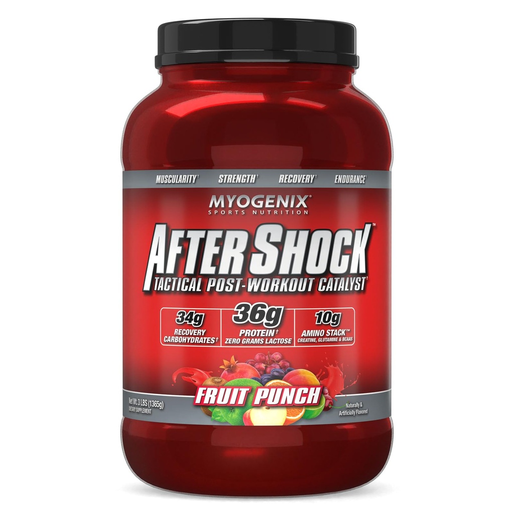 Myogenex Aftershock Post Workout - Muscle Growth Whey Protein Powder - Speeds Up Muscle Growth and Recovery - Wspiera wspólne zdrowie i uzupełnia Glycogen - Fruit Punch, 3 funtów