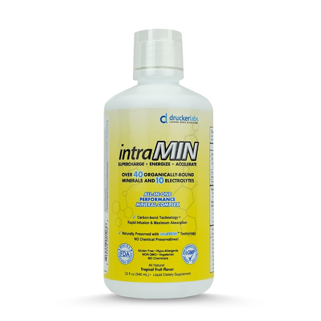DRUCKER Labs - IntraMIN Organic Liquid Trace Minerals Suplement diety dla mężczyzn, kobiet, dzieci, Wsparcie immunologiczne, Wsparcie dla mięśni, Nie GMO, Gluten Free, Wegan, Elektrolity (32 oz., Tropical Fruit Punch)