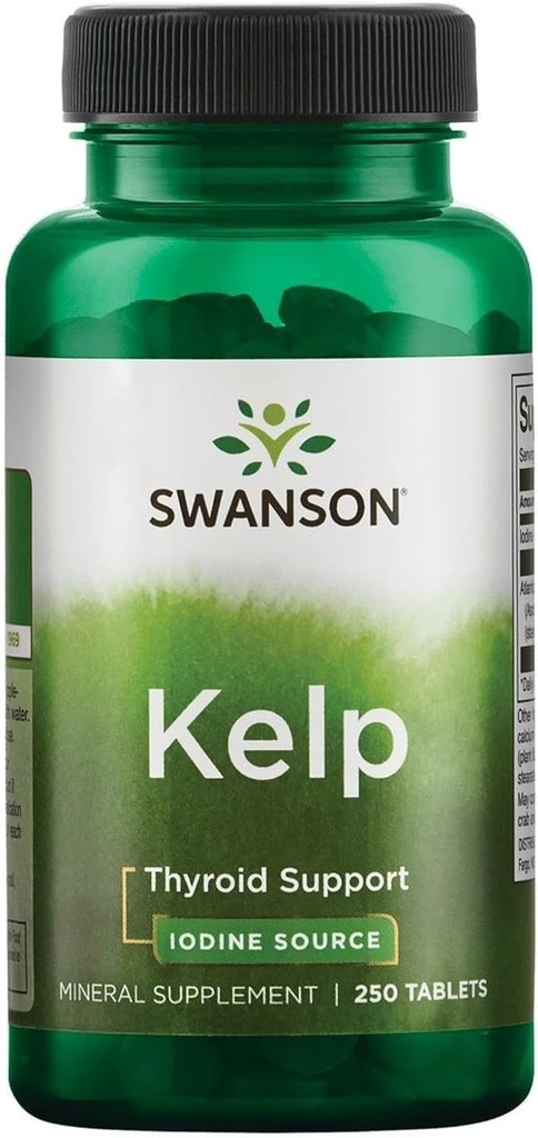 Swanson Premium Brand Kelp - Naturalne źródło jodu wspierające zdrowie tarczycy - Suplement mineralny w / źródło jodu Standaryzowane 0,4% - (250 tabletek, 225µg każdy)