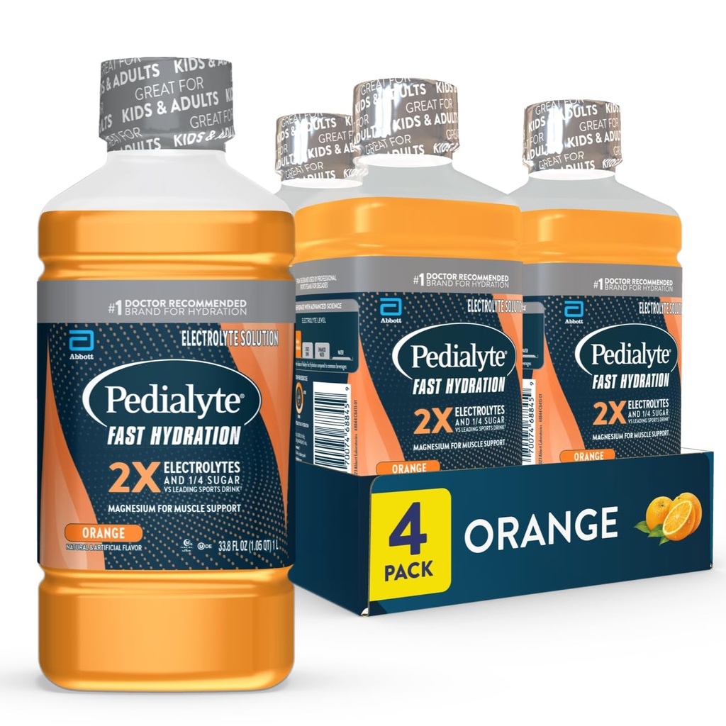 Pedialyt Fast Hydration Electrolyte Solution, Pomarańczowy, Napoje nawadniające, 33,8 Fl Oz (Opakowanie 4)