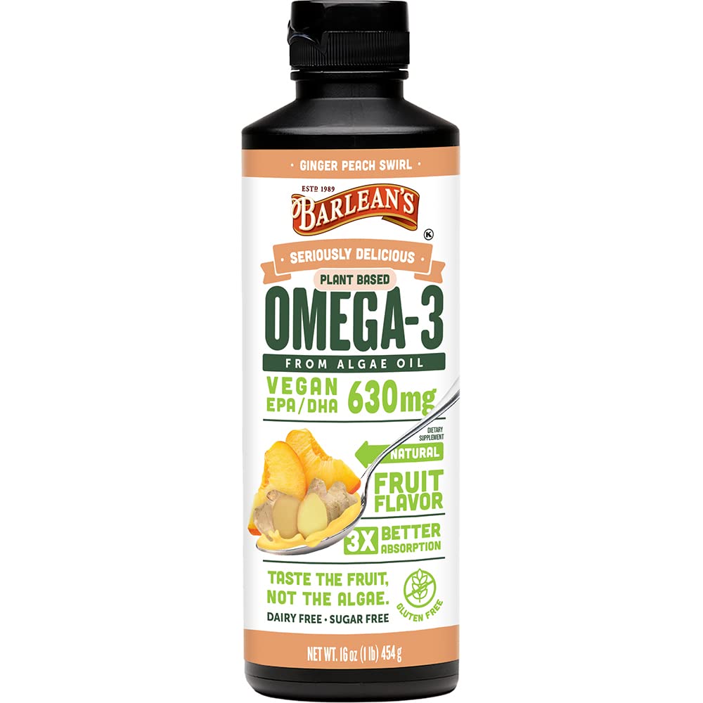 Barlean 's Ginger Peach Vegan Omega 3 Supplement, Liquid Algae Oil with 630 mg EPA & DHA, Plant Based Omegas from Algal Oil, Non- GMO & Gluten Free, 16 oz