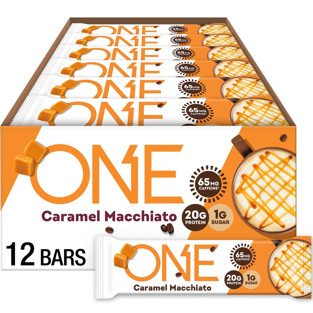 One Coffee Shop Kofeinowane batoniki białka, Karmel Macchiato, Gluten Free z 20 g białka i 65mg kofeiny energii, Strzykawki, 2.12 oz (12 hrabiego), Packaging May Vary