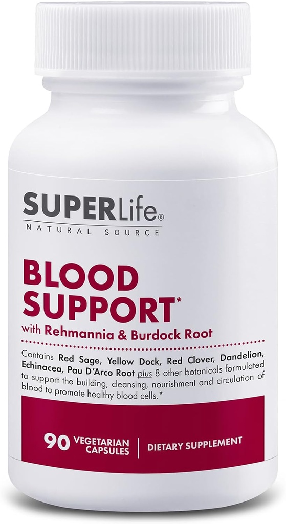 Blood Support - z Rehmannia, Dandelion, Czerwona koniczyna, Burdock Yellow Dock, Echinacea & Pau D 'Arco Agregat 124; Promotes Building, Cleansing, Nourishment & Circulation of Blood Agreement 124; Suplement - 90 Kapsułki