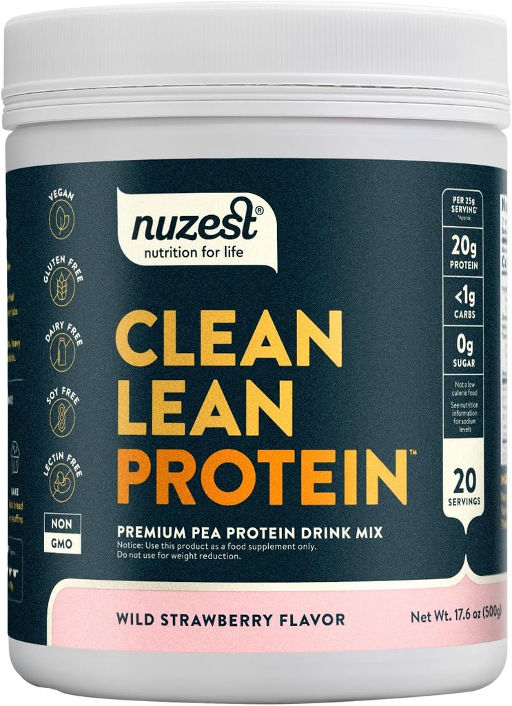 Nuzest - Proszek z protein grochowych - Białko o czystej barwie, Proszek z proteiny roślinnej Premium, Bezmleczny, Bez glutenu, Bez GMO, Wstrząs białkowy (1.1 Funt (1), Wild Strawberry)