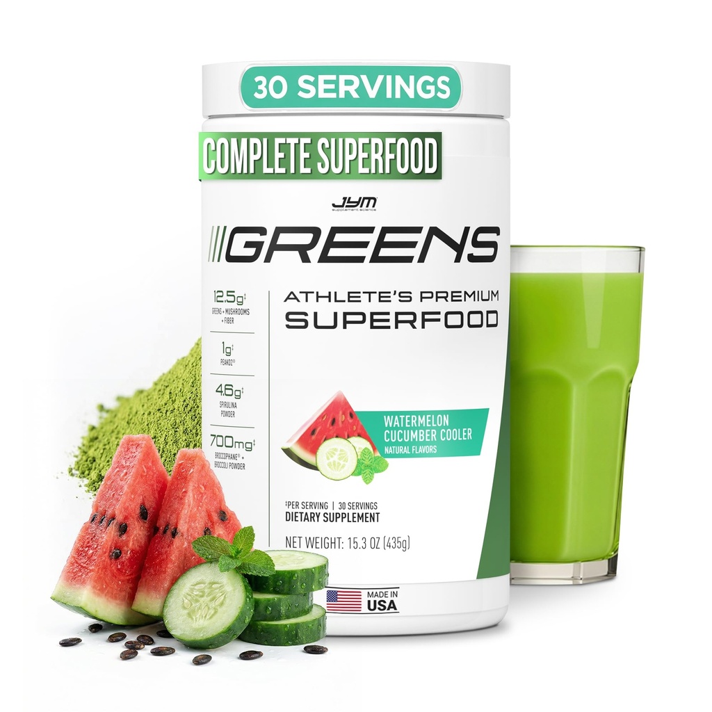 JYM Zielone Super Proszek spożywczy dla wydajności, Ogórki arbuzowe, Spirulina, Grzyby, Witaminy, BroccoPane & Broccoli, Mężczyźni i kobiety, 30 Służenie