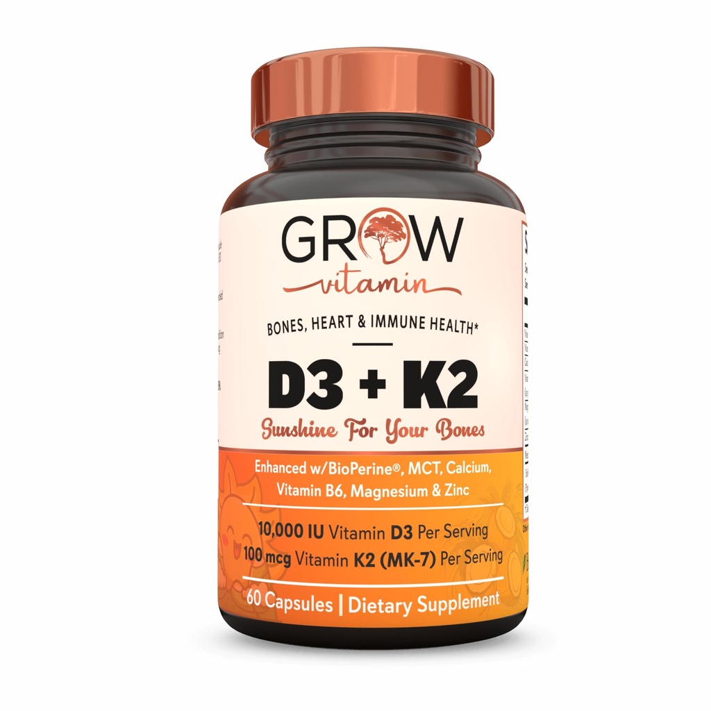 grow vitamin D3 K2 w/MCT Oil - 10,000 IU D3, 100 mcg K2 MK7, Calcium, Zinc, BioPerine, Magnesium for Superior Absorption - 60 Capsules