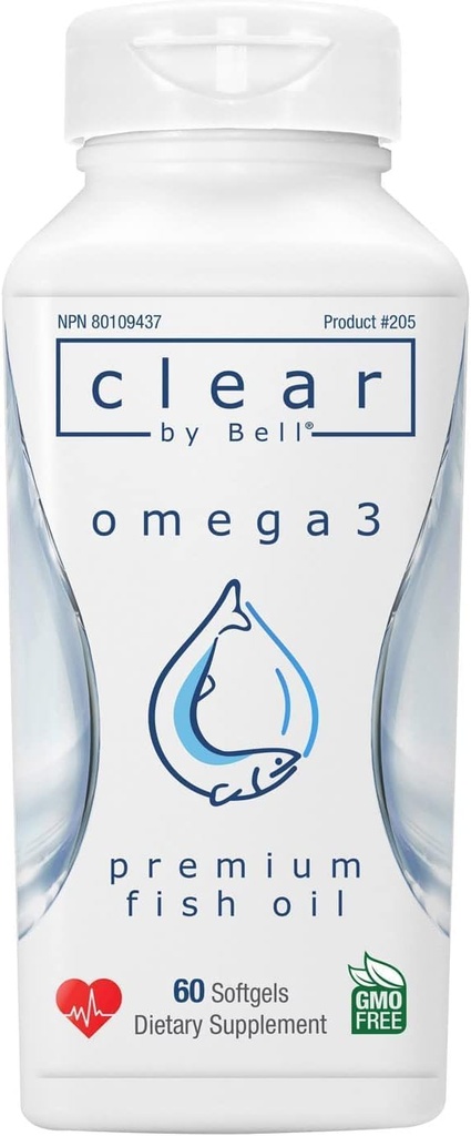 Bell Clear Pure Omega 3 Fish Oil Supplements, 2000 mg per Serving - Burp Free Premium, Clean and Clear, No Fishy Taste and No Repeats (burps), Cholesterol Free, GMO and Allergen Free, 60 Softgels