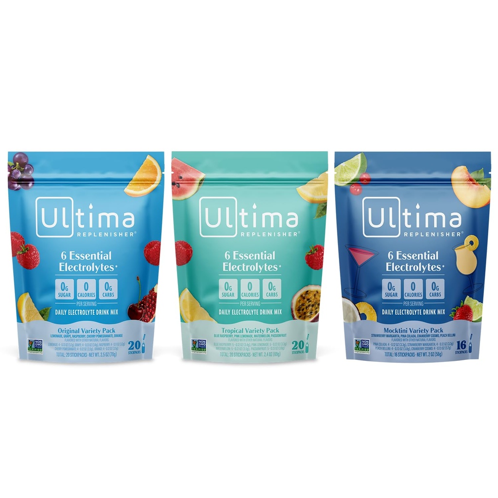 Ultima Replenisher Daily Electrolyte Powder Drink Mix - Sugar Free - Tropical, Mocktini, Oryginalna odmiana, 56 Stickpacks - Pakiety nawadniające - 6 Electrolytes and Minerals - Keto, Non-GMO