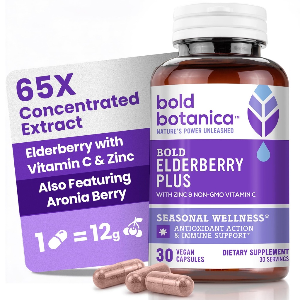 Bold Botanica Elderberry Plus - 65x koncentrat Black Elderberry Extract z cynku i witaminy C do codziennego immunologicznego wsparcia i sezonowego Wellness - Non-GMO, 30 Kapsułki wegańskie