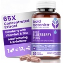 Bold Botanica Elderberry Plus - 65x koncentrat Black Elderberry Extract z cynku i witaminy C do codziennego immunologicznego wsparcia i sezonowego Wellness - Non-GMO, 30 Kapsułki wegańskie