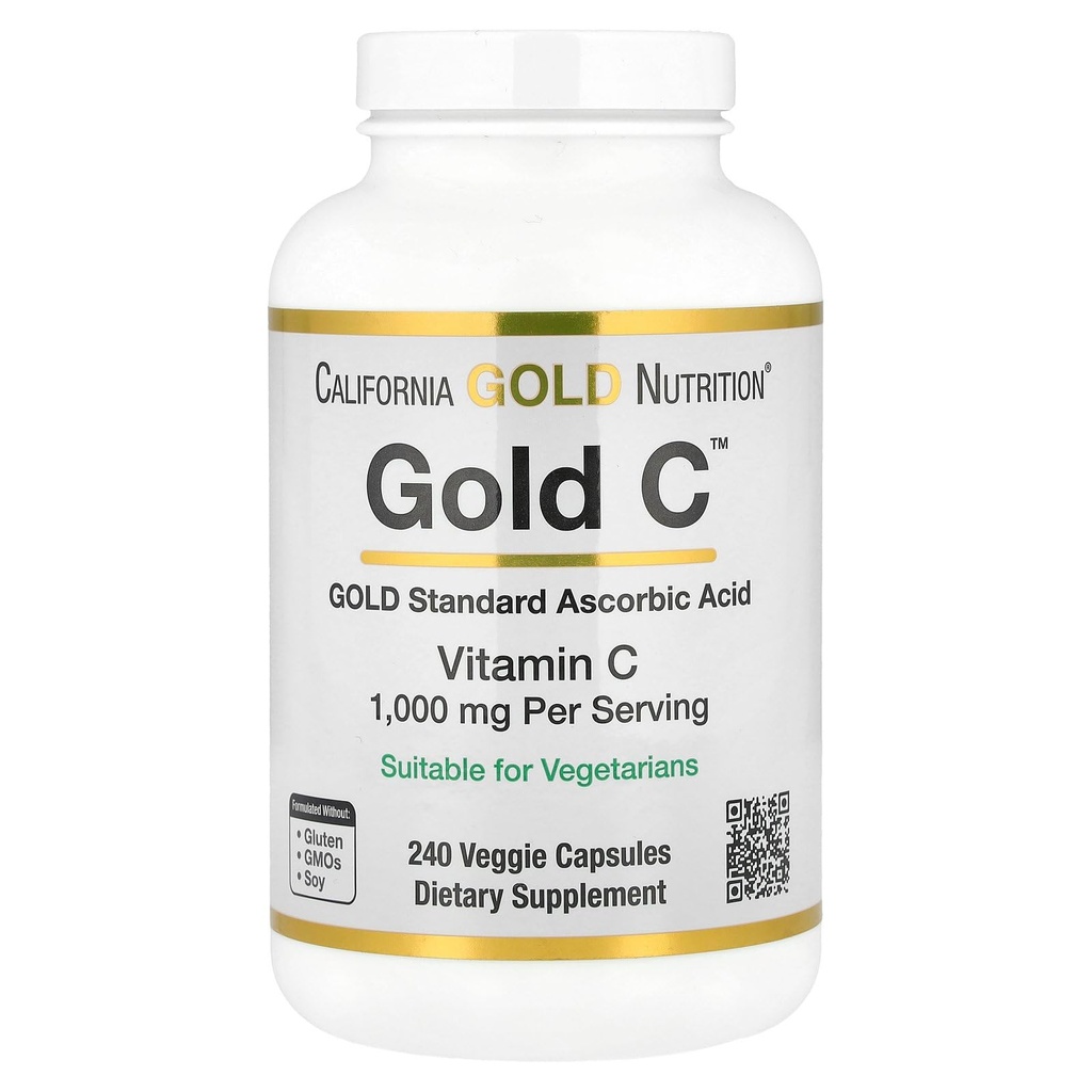 California Gold Nutrition Gold C USP Klasa witamina C Suplement - Wsparcie immunologiczne & Sezonowe Wellness - Wegetariańskie Przyjazne - Gluten Free, Non-GMO - 1000 mg - 240 Kapsułki wegetariańskie
