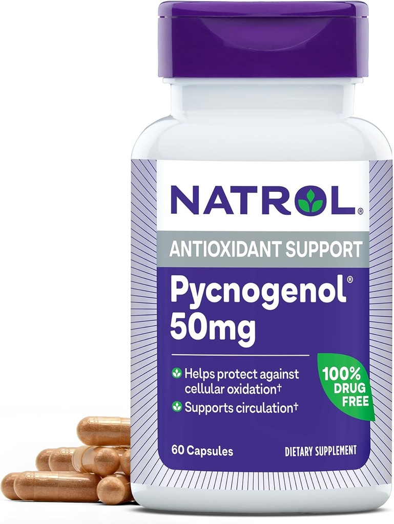 Natrol Pycnogenol kapsułki, Ochrona przeciwutleniająca, Suplement Chroni przed utlenianiem komórkowym i uszkodzeniem związanym z wiekiem, Europejski Morski wyciąg z szczelinowania sosny, Wspiera obieg, 50 mg, 60 Count