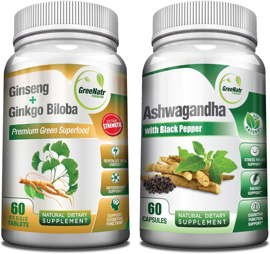 GreeNatr Premium Bundle for Holistic Well- Being: Organic Ashwagandha Kapsułki, z Black Pepper for Stress Relief, Plus Ginseng + Ginkgo Biloba Tablets, Tradycyjny booster energii.
