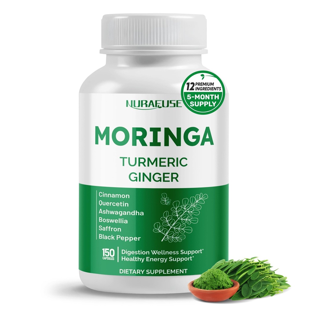 Moringa 12- in-1 Suplement z Turmeric Cinnamon Quercetin Ashwagandha Ginger Boswellia Saffron Tart Cherry Garlic - Made in USA