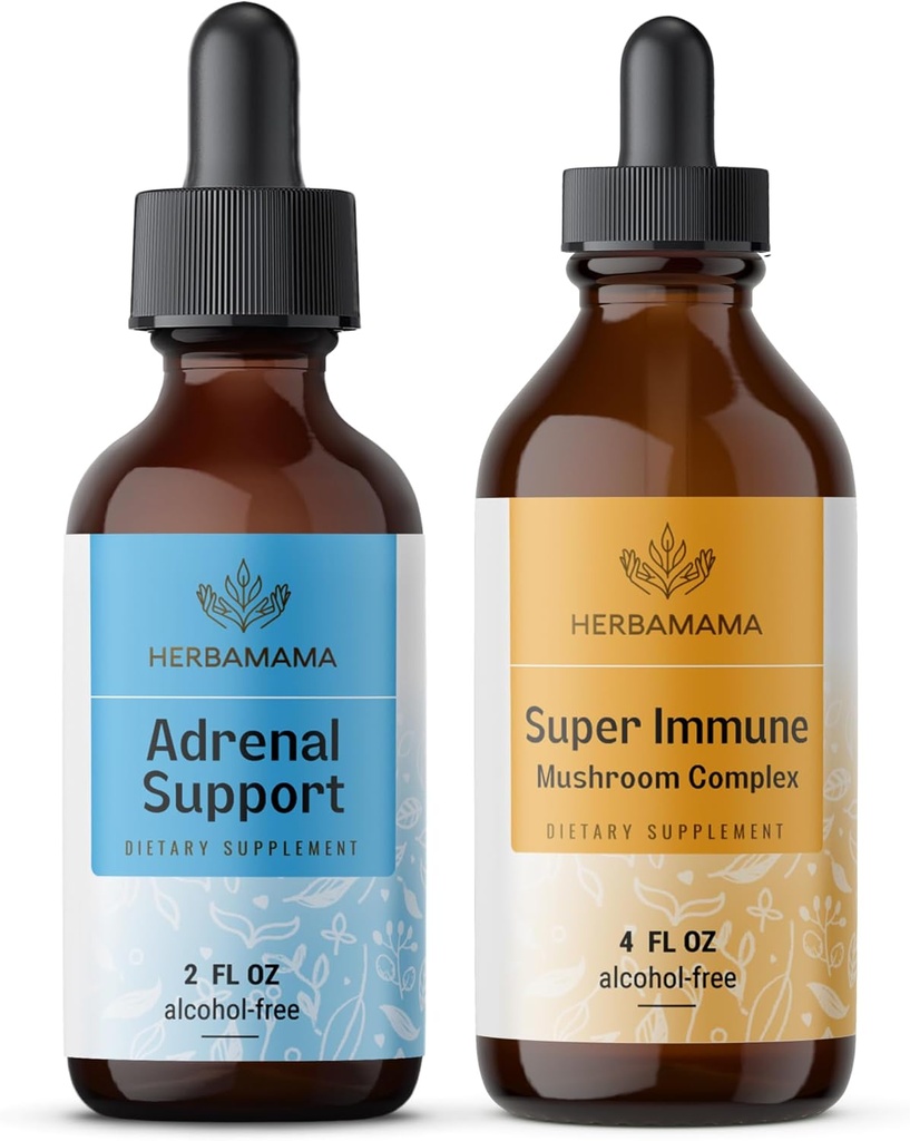 HERBAMAMA Wsparcie nadnerczy i Super Immune Mushrom Mill Kit - Zestaw wsparcia płynnego nadnerczy 2 fl oz & Super Immune Mushroom Drops 4 fl oz - Wegan, Non-GMO, Sugar & Alcohol- Free - 2 Pack