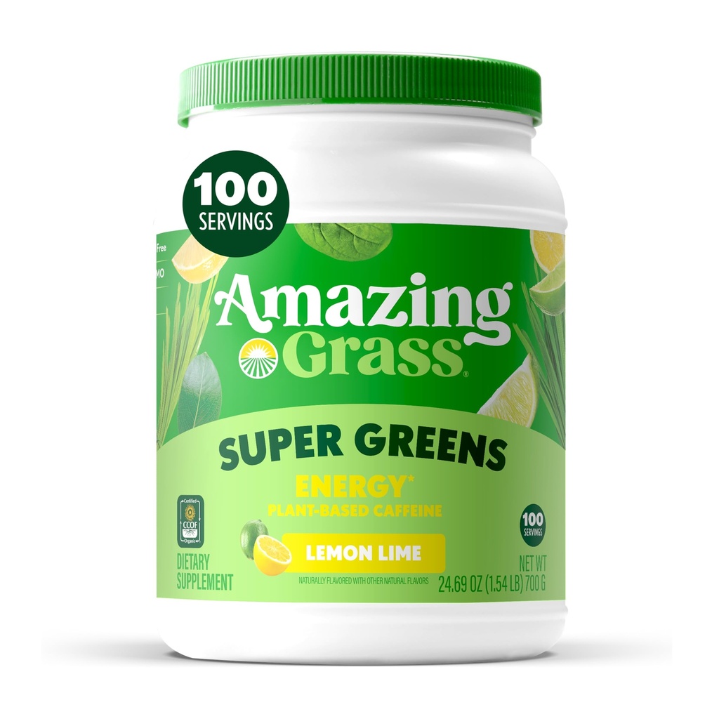 Zadziwiająca zielona trawa Superfood Energy: Super Zielony Proszek & Roślina Kofeina oparta na zielonej herbaty, Burak korzeniowy proszek & Nasienie Flax, Limy cytryny, 100 Słupki (Packaging May Vary)