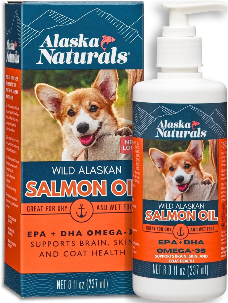 Alaska Naturals Wild Alaskan Salmon Fish Oil Supplement for Dogs Skin and Coat with EPA DHA Omega 3 Fatty Acids Liquid Food Topper 8 oz. Pump