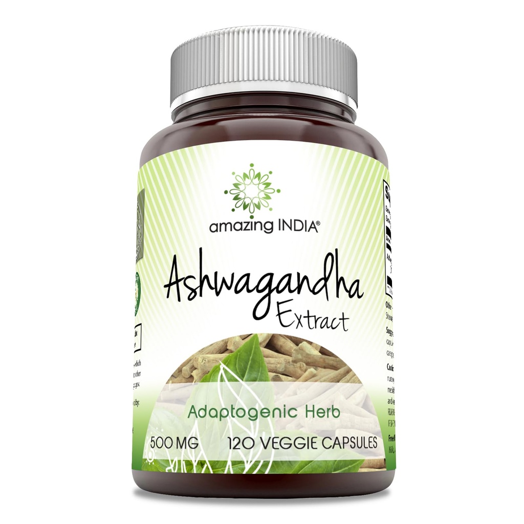 Amazing India Ashwagandha 500 mg Veggie Capsules Supplement Equipment 124; Made with Natural Ashwagandha Equipment 124; Non-GMO Equipment 124; Gluten Free (120 Count)