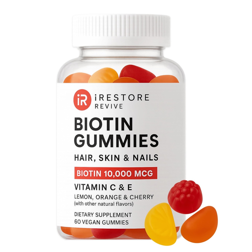 iRestore Gummies Biotin 10.000 µg - 3 Naturalne aromaty owocowe, Witaminy Włosy Multi Supplement for Hair Skin and Nails for Women & Men, 60 Wegan Gummies, 30 Day Supply