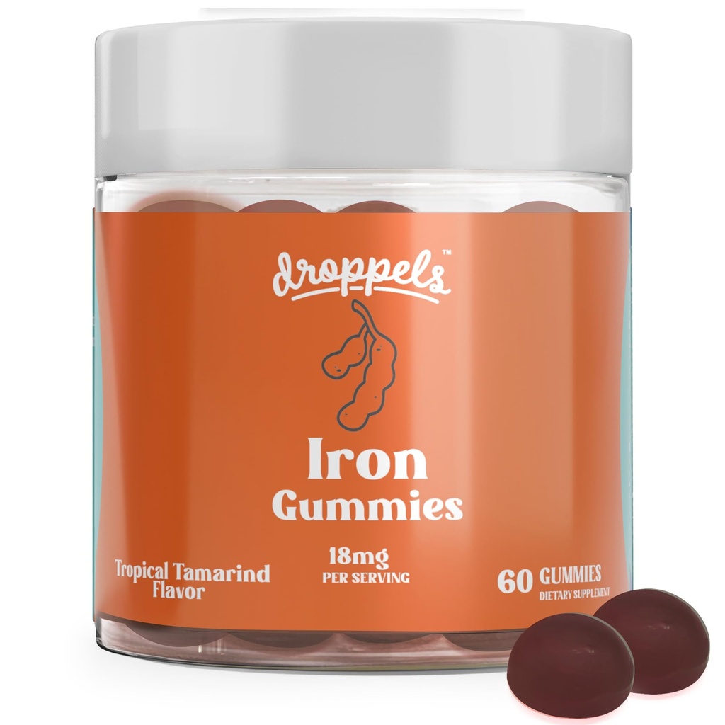 Droppels Żelazne Gummies 18 mg dla kobiet i mężczyzn - Wegan Plant-Oparty suplement żelaza 124; Wspiera Energia i zdrowie krwi 124; Pectin- Based, Non-GMO, Gluten & Żelatyna Wolna 124; Tamarind Flavor, 60 Count