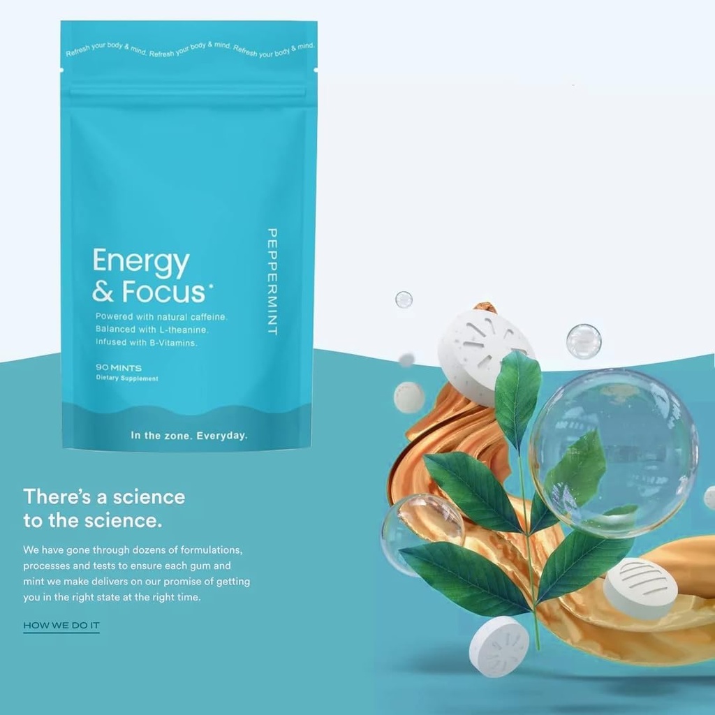 Mieszanki kofeiny energetycznej (90), bezcukrowe, wegańskie, bezglutenowe, miętowe. Wzmacnia Focus, Endurance z L- Theanine, Kofeina, B12 & B6. Szybkie aktorstwo, Pocket- Sized dla szybkiej energii.