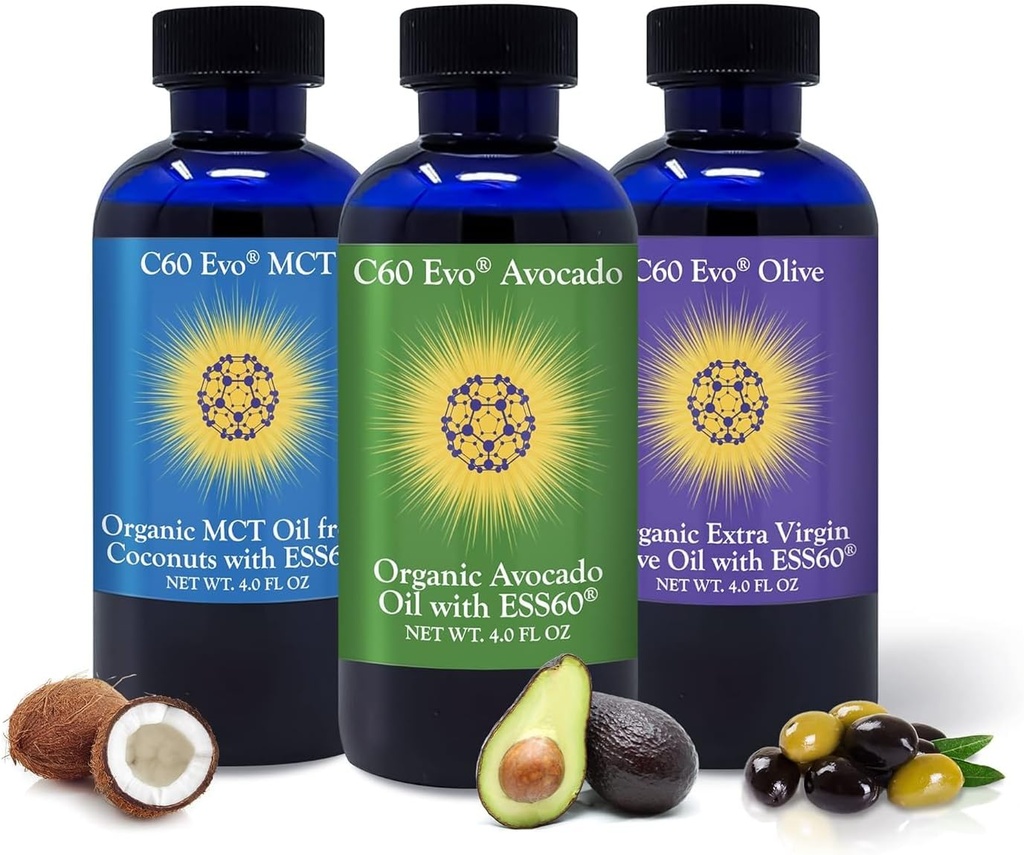 All- Natural Edible Oils, 4oz Sampler Set with Pure C60 ESS60, Immune Support and Joint Support Supplement with Olive Oil, Avocado Oil & MCT Oil, Zestaw 3, 4 oz