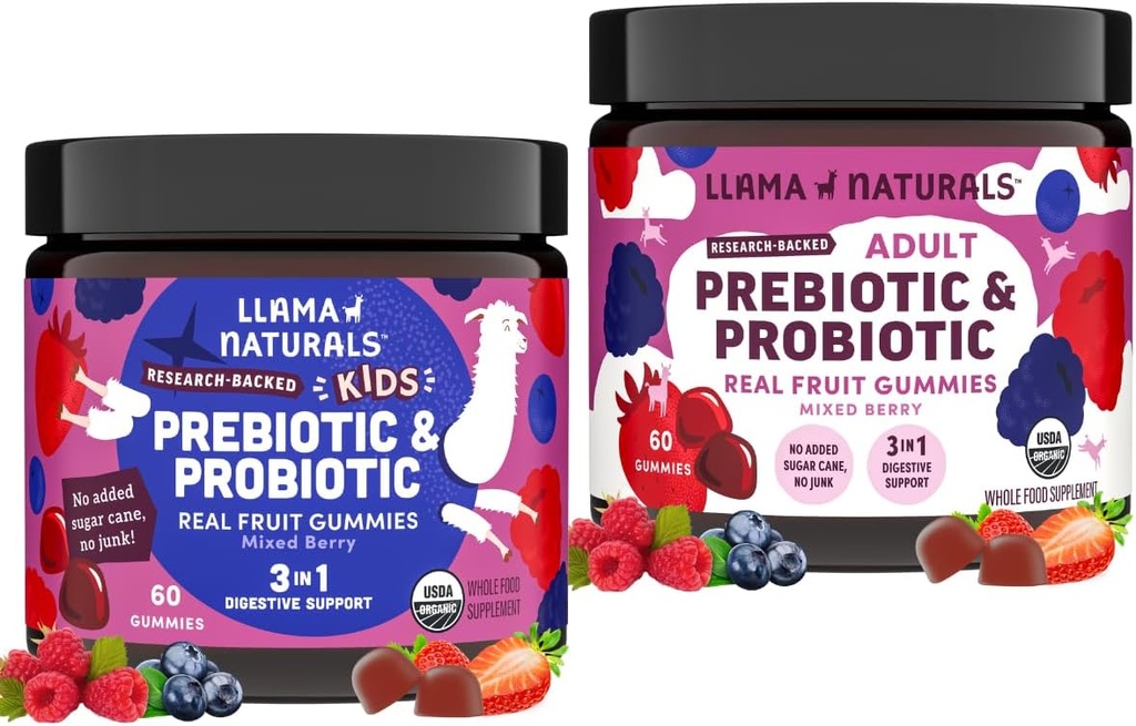 Llama Naturals Kids Pre & Probiotic Gummies + Adult Pre & Probiotyka Bundle 124; No Added Sugar Cane Agregates 124; Vegan Agregat 124; Organic Agregates 124; Mieszany Flavor Berry 124; 2 Butelki