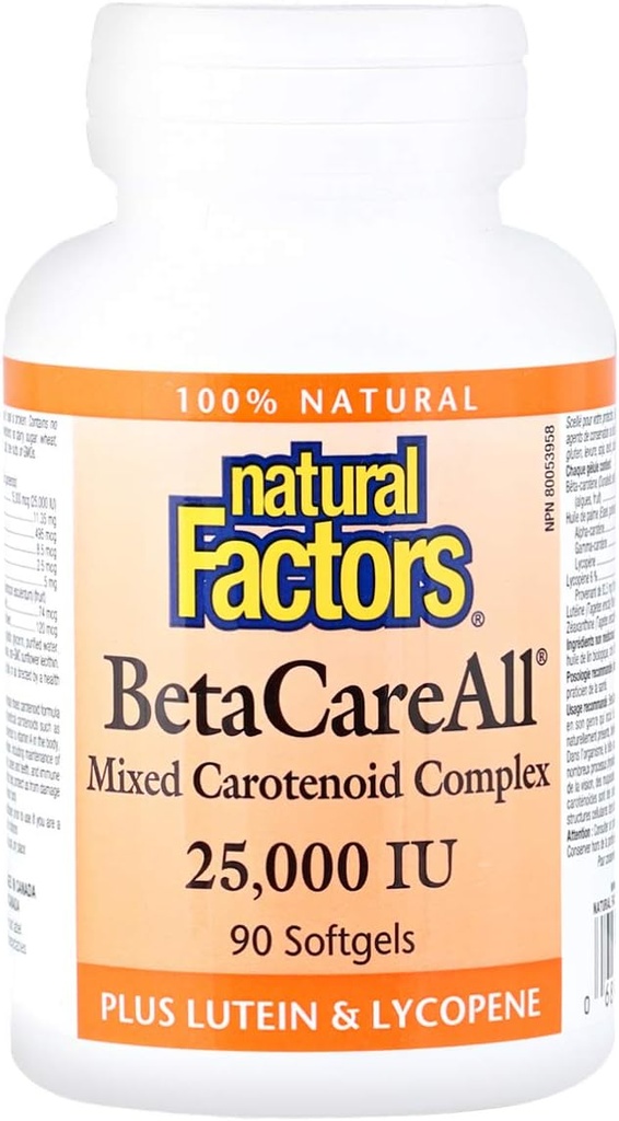 Czynniki naturalne, BetaCareAll 25,000 j.m., Witamina A dla zdrowej skóry, Wizja i funkcje immunologiczne, 90 Softgels