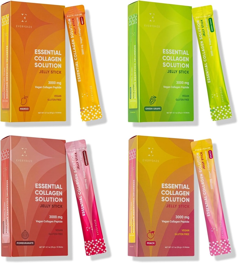 EverydaZE Everymental Collagen Solution Jelly Stick Agregat 124; 40 Variety Pack Agregate 124; Peach, Mango, Green Grape, Granat Granat Agregat 124; Vegan Collagen Peptyde Supplement Agregat 124; Włosy, Skóra, Nail, Bone Health dla mężczyzn i kobiet