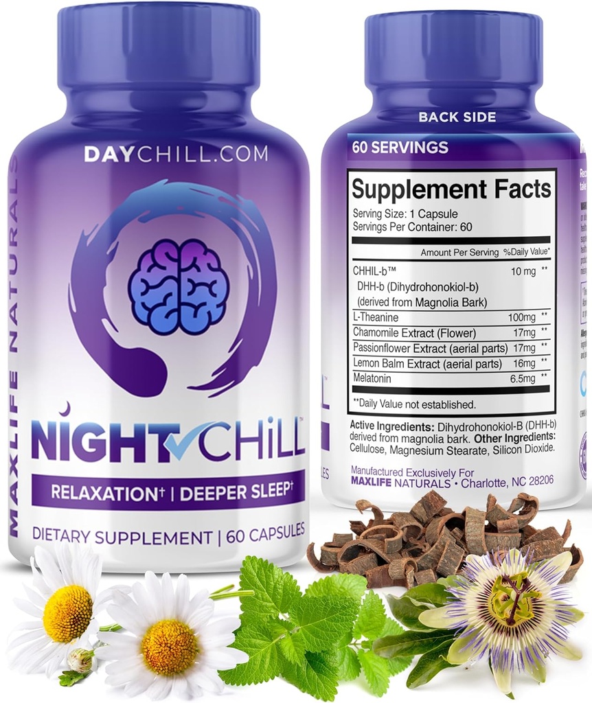 Night Chill Sleep Supplement - 60 Kapsułek - Resteful Sleep Supplement with DHH- B from Magnolia Bark and L- Theanine Supplement - Stress Calm Mood Supplement - Sleeping Pills dla dorosłych przez MaxLife Naturals