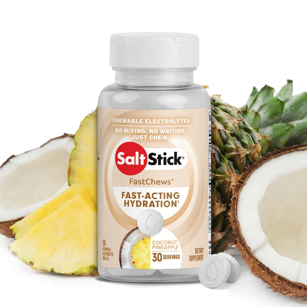 SaltStick Electrolyte FastChews - 60 Coconut Ananas Chewable Electrolytes - Solone tabletki do biegania i nawadniania, Electrolyte Chews - 60 Count