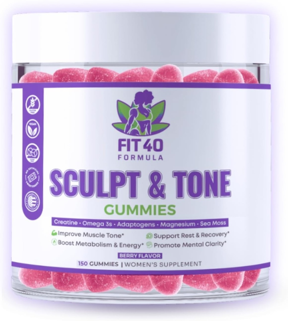 Rzeźba & Gummie Tone dla kobiet 40 + 124; Kreatyna, Magnez, Tart Cherry & Sea Moss 124; Wsparcie dla menopauzy Peri-, Energia & Post-Workout Recovery 124; 150 Gummies wegańskie