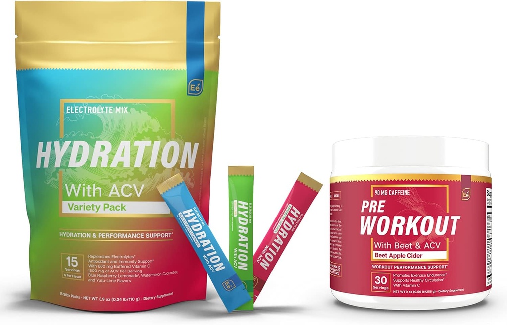 Wolne od cukru opakowania proszkowe Odmiana - 15 opakowań stick & PreWorkout proszku z ACV 124; Ciepło, Ćwiczenia, Podróże, Codzienne nawodnienie + Superfood Energia & All- Naturalny tlenek azotu Booster Plus kofeina